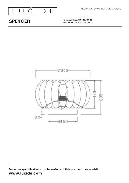 Lucide SPENCER - Lampe de table - Ø 30 cm - 1xE27 - Gris - technique